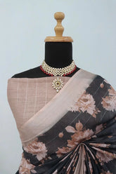 Linen Digital Print Black Saree With Unstiched Blouse Piece-MPHL-29-BLACK